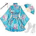 Japanese Anime Women's Dance Kimono Robe Fancy Dress Hand Held Silk Folding Fans Tabi Hairstick Socks Set