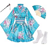 Japanese Anime Women's Dance Kimono Robe Fancy Dress Hand Held Silk Folding Fans Tabi Hairstick Socks Set