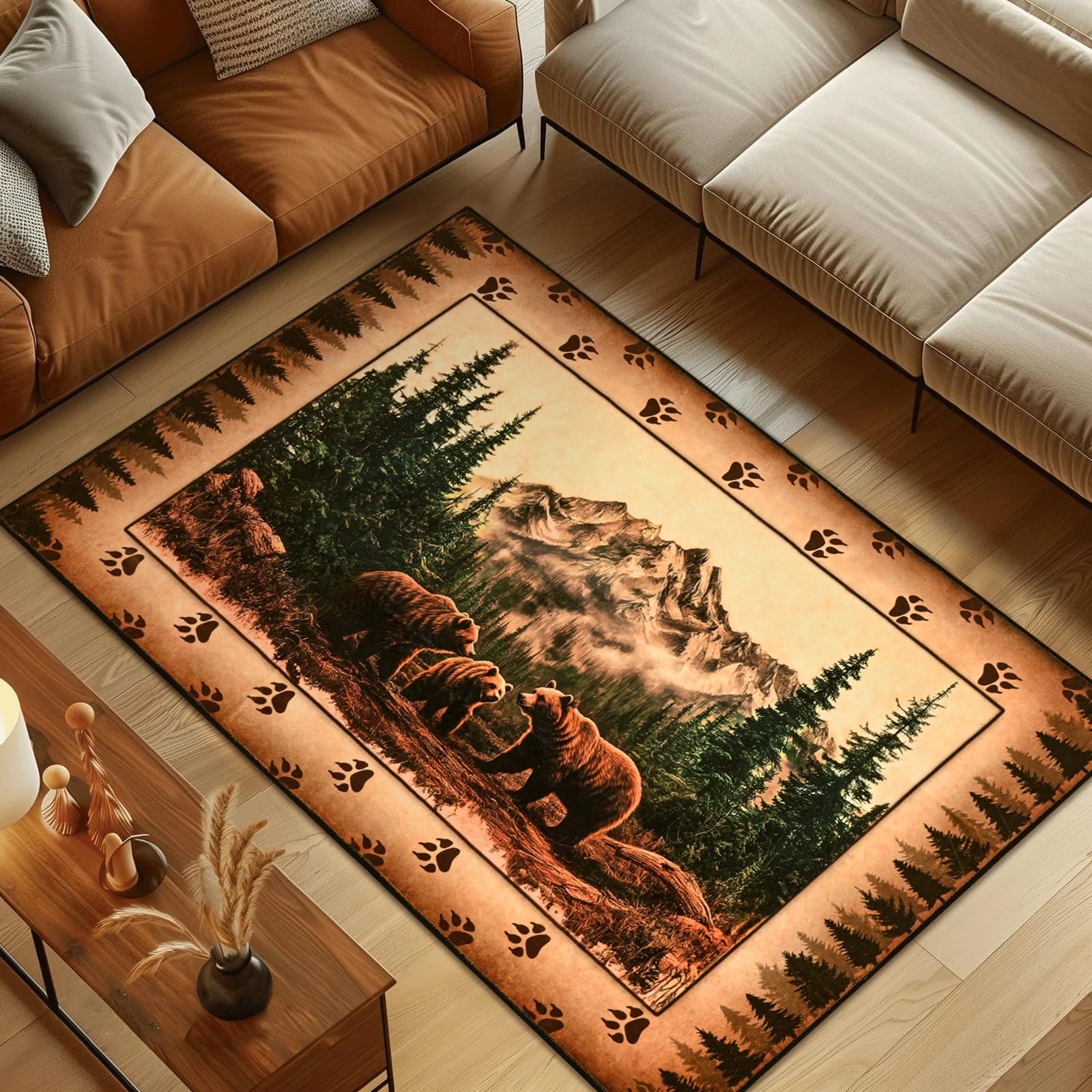 Photo 1 of FRAMICS Farmhouse Area Rug for Living Room, Rustic Cabin Lodge Bear Moose Deer 3x5 Rug Washable Non Slip, Country Wildlife Area Rugs for Bedroom, Soft Faux Wool Throw Rugs Carpet Low Pile Home Decor