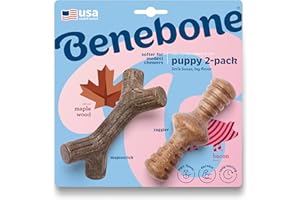 Benebone Puppy 2-Pack Maplestick/Zaggler Durable Dog Chew Toys for Gentle Chewers, Real Bacon, Real Maplewood, Made in USA, T