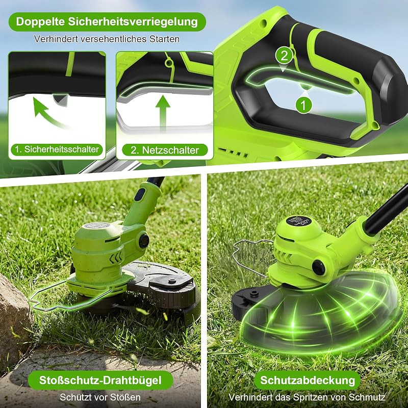 Akku Rasentrimmer 21V, 2-in-1 Rasentrimmer & Kantenschneider, LCD Akkuanzeige, 2×2000mAh Akku, Automatische Fadennachführung, 8 Fadenspulen, für Rasen, Rasenkanten & Gartenwege
