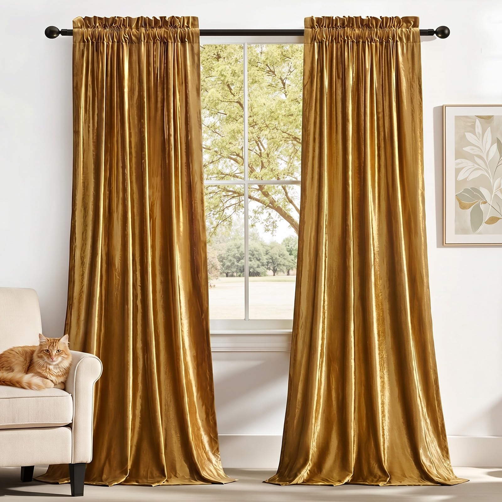 PRIMROSE Gold Curtains 96 inch for Living Room Velvet Blackout Rod Pocket Window Drapes Treatment Semi Room Darkening Decor Golden Curtains for Bedroom Set of 2 Panels