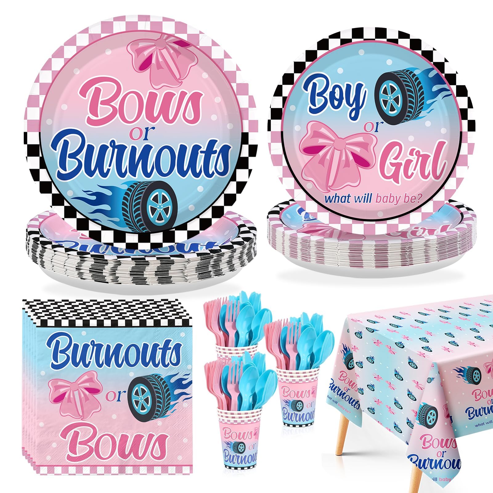 Photo 1 of 170Pcs Burnouts or Bows Gender Reveal Party Decorations Boy or Girl Gender Reveal Plates Disposable Burnouts or Bows Napkins Cups Forks Tablecloths for Boys Girls Baby Shower Party Supplies Blue Pink