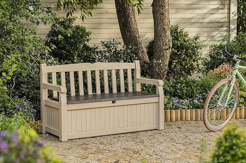 Eden - Banco arcón Exterior, Baúl almacenaje, Capacidad 265L, Resina, Color Marrón y Beige, Ordenación jardín y terraza, 140 x 60 x 84 cm