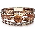 FANCY SHINY Boho Leather Wrap Bracelets Bohemian Crystal Bracelets Trendy Layered Bracelet with Magnetic Clasp Stackable Jewelry for Women (7.7", Metal)