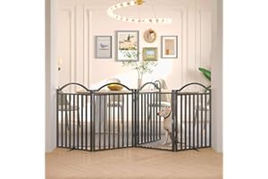 BHG Metal No-Assembly Freestanding Dog Gate with Door Walk Through, Extra Wide 96", Extra Tall 32" Pet Gate, Accordion Puppy Folding Playpen Dog Fence for Indoor & Outdoor, with 2PCS Support - Black