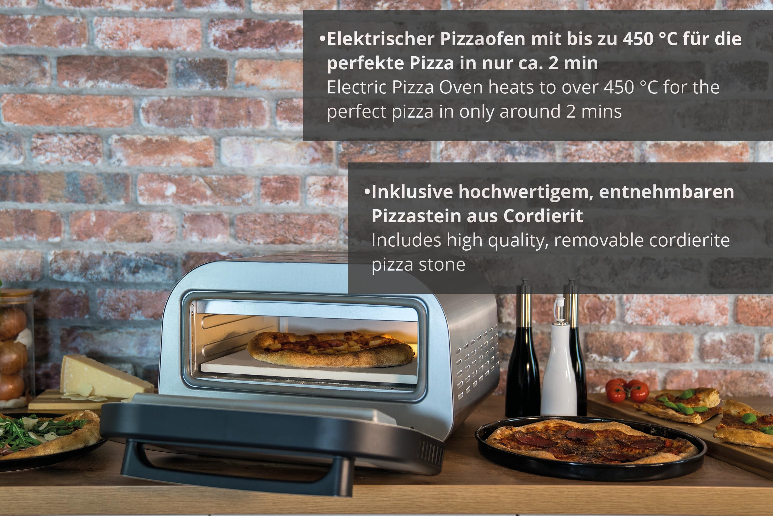 Unold Pizzaofen LUIGI 68816 | Elektrischer Pizza Ofen aus rostfreiem Edelstahl mit Pizzastein mit bis zu 450°C, nur ca. 2 Minuten Backzeit, energiesparend, 1.700 Watt 4