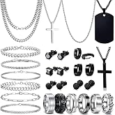 GIFIKOI 30Pcs Jewelry Set for Men Stainless Steel Band Ring Cuban Link Chain Necklace and Bracelet Cross Dog Tag Pendant Necklace Hoop Stud Black Earrings Mens Fashion Jewelry Set
