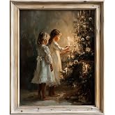 Japrex Cherished Holiday Glow Wall Art, Nostalgic Victorian Christmas Tree Painting Children Print, Candlelit Tree Scene, Vintage Cottagecore Winter Wall Art (11 x 14 inches)