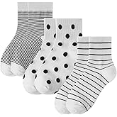 Xthrotsenk 3 Pairs Striped and Polka Dot Ankle Socks Women's Polka Dot Socks Black and White Striped Crew Sock Stripe Ankle Sock Size 5-9