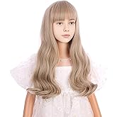 DUDUWIG Mixed Blonde Wig for Kids Girls Long Dirty Blonde Wig with Flat Bangs Wavy Curly Wigs for Child Heat Resistant Synthetic Wigs with Cap