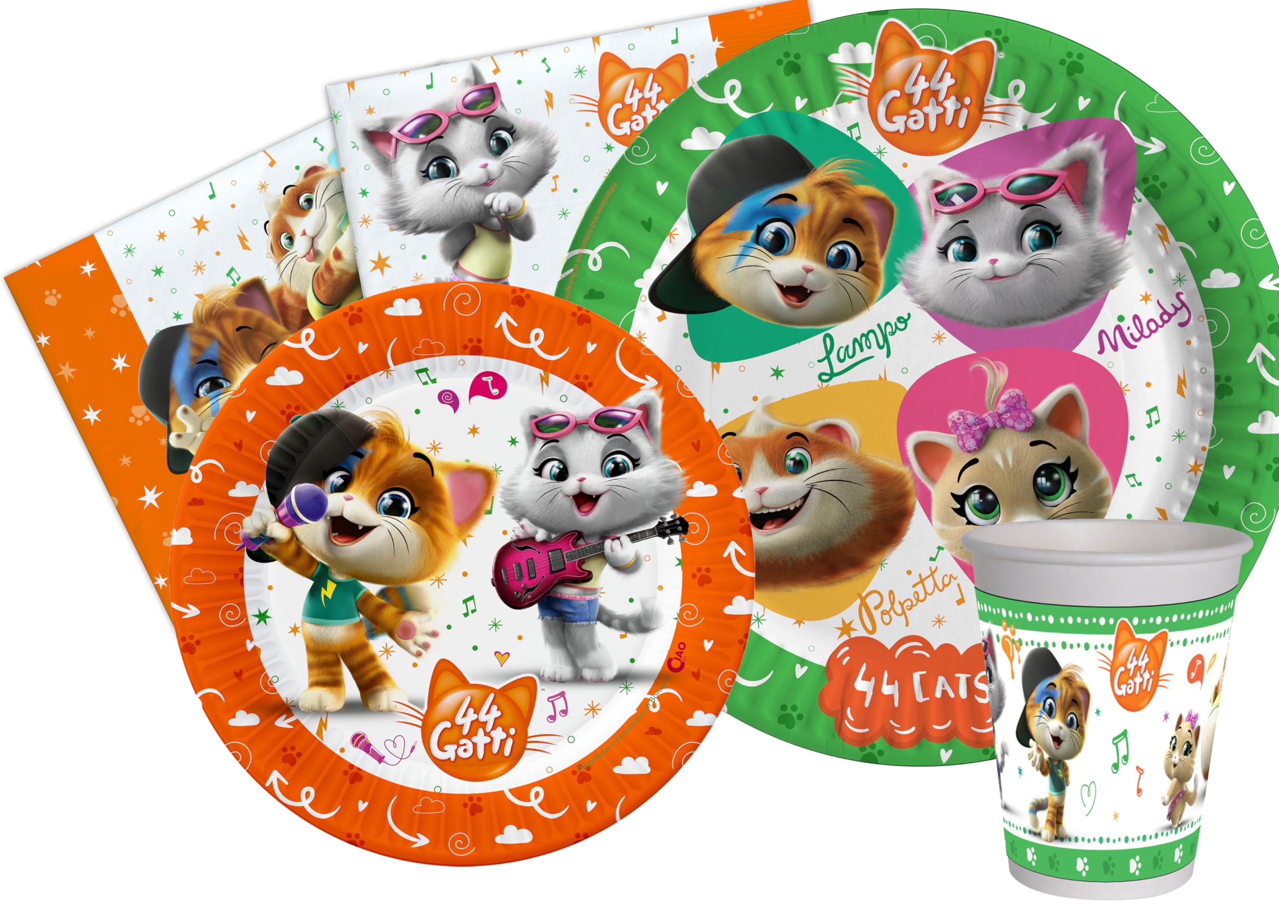 Party Tableware Set 44 Cats for 8 people (44 pcs: 8 paper plates Ø23cm, 8 paper plates Ø20cm, 8 cups 200ml, 20 paper napkins 33x33cm)