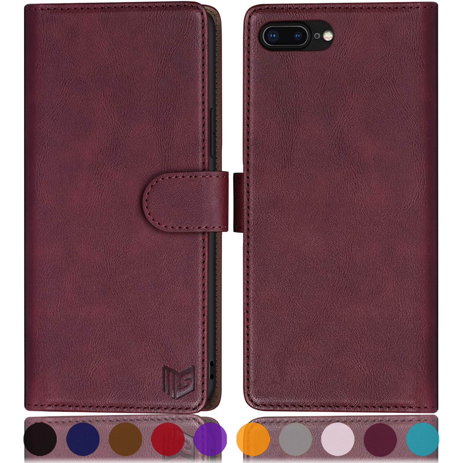 SUANPOT for iPhone 7 Plus/8 Plus 5.5 Inch Leather Flip Case with Credit Card Holder and RFID Blocking - Wine Red