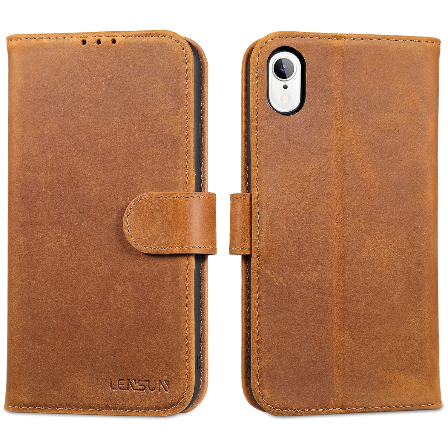 LENSUN Flip Case for iPhone XR, Genuine Leather Wallet Phone Cover [RFID Blocking] with Card Holder and Magnetic Closure Compatible with Apple iPhone XR - Vintage Brown — image 1