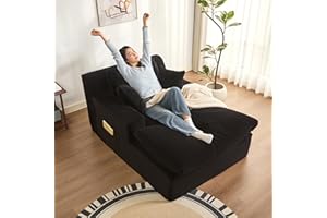 AFUSON 63" Oversized Boneless Chaise Lounge Chair, Extra Cloud Layer, Convertible Sleeper Sofa Couch with Removable Pillows & Side Pockets, Corduroy Upholstered Sofa Bed with Armrests for Living Room, Black