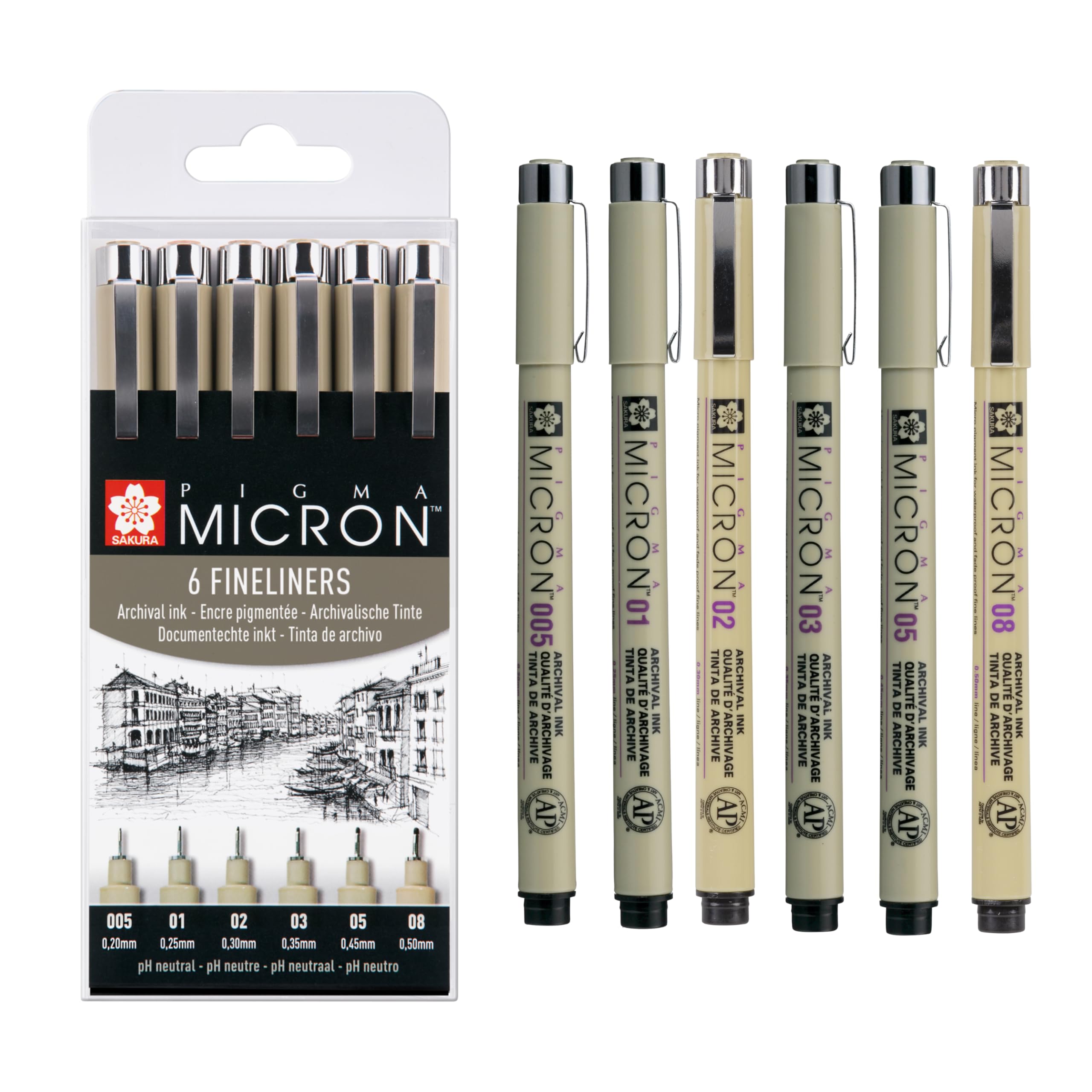 SAKURA Pigma Micron Fineliner Pens Set of 6, Waterproof, Permanent Black Ink, Assorted Sizes | Pens for Writing, Drawing & Journaling