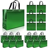 cabzymx Glossy Green Reusable Gift Bags 15 Pcs, 12.6 x 4.7 x 11 In Party Goodie Bags with Sturdy Base, Large Christmas Gift Bags Bulk for Birthday, Wedding, Xmas, Holiday