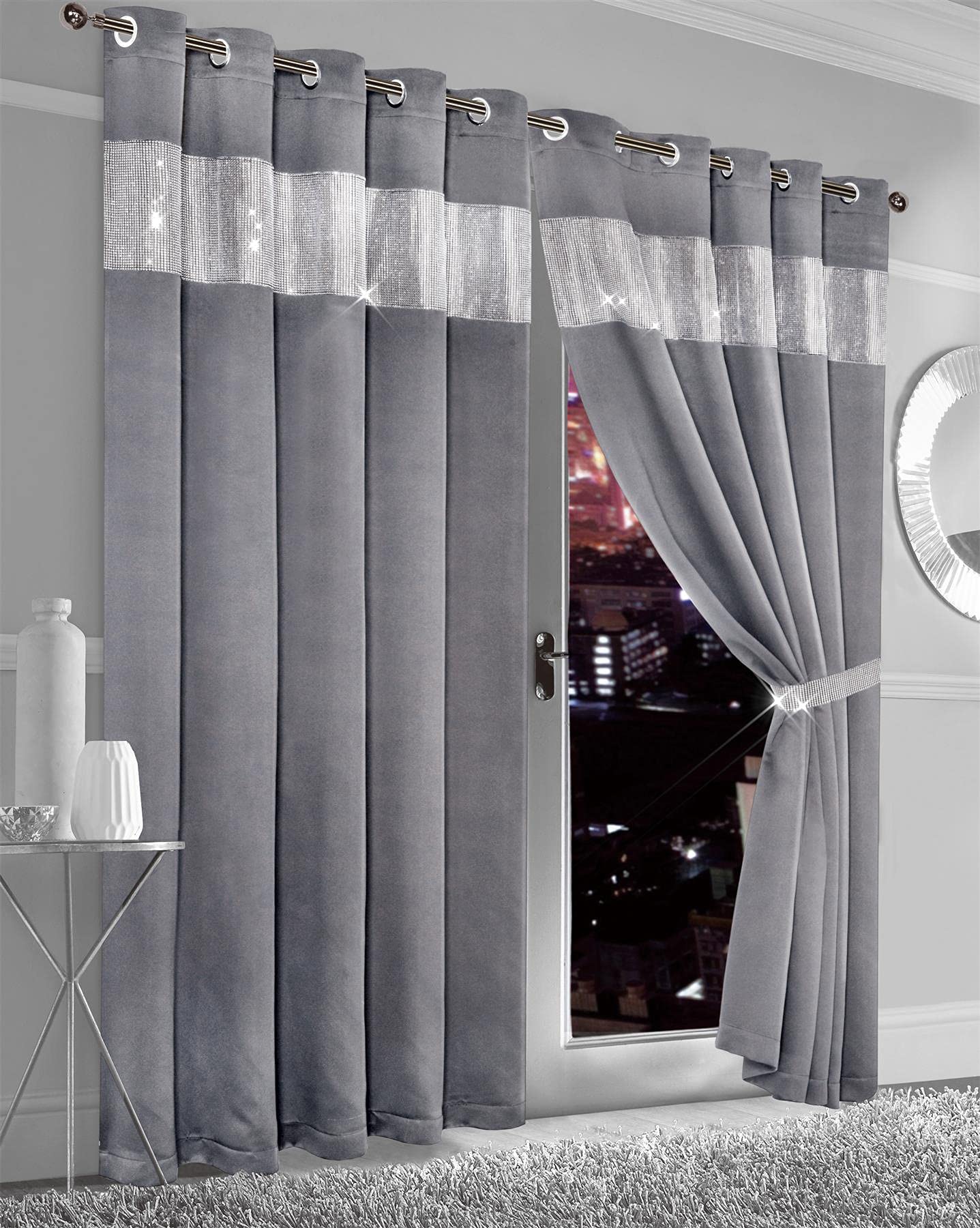 Olivia Rocco Diamante Blackout Eyelet Curtains With Tie Backs Black Out Thermal Ring Top Curtain Pair Window Dressing, 66" (Width) x 54" (Drop) Silver