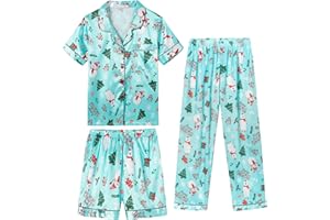 Hupohoi Unisex Girls Boys Kids Pajama Sets Button Down Satin Sleepwear Nighty 3PCS Silky Lounge Sets Nightwear