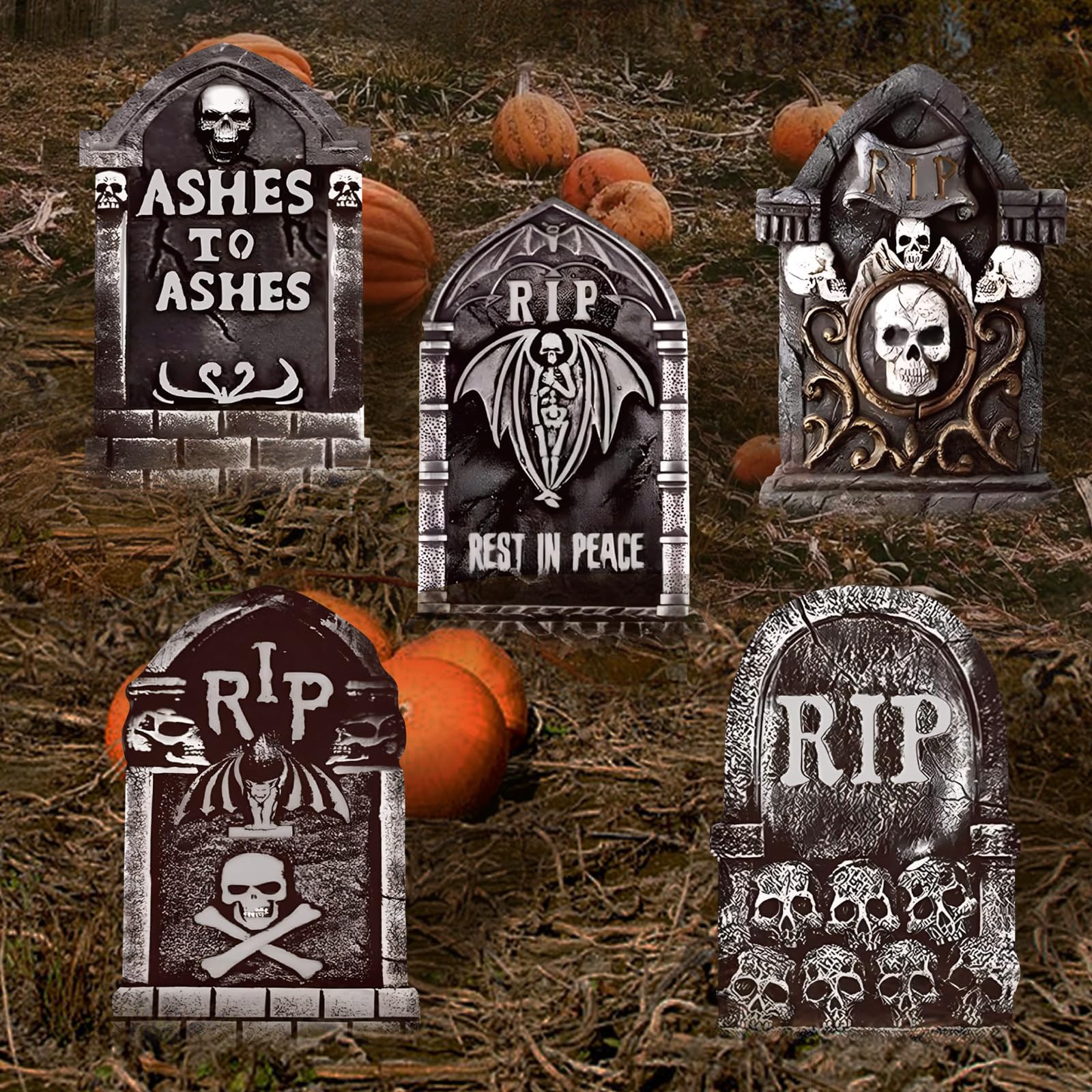 Photo 1 of 17inch Halloween Tombstones Decorations 5PCS Halloween Graveyard Decoration Outdoor, Plastic Halloween Gravestones Headstone Yard Signs
