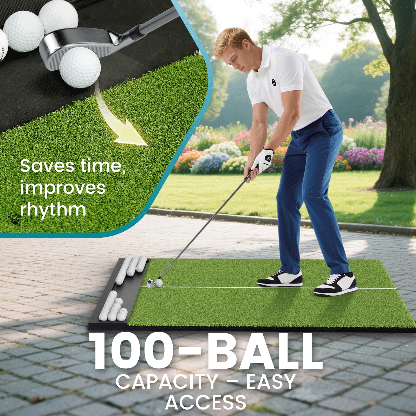 Golfpar Golf Hitting Mat with Built-in Ball Tray & Alignment Line – 26mm Thickness, Indoor Outdoor Golf Practice Mat with EVA Foam Base, Durable Turf, and 3 Rubber Tees for Backyard or Garage