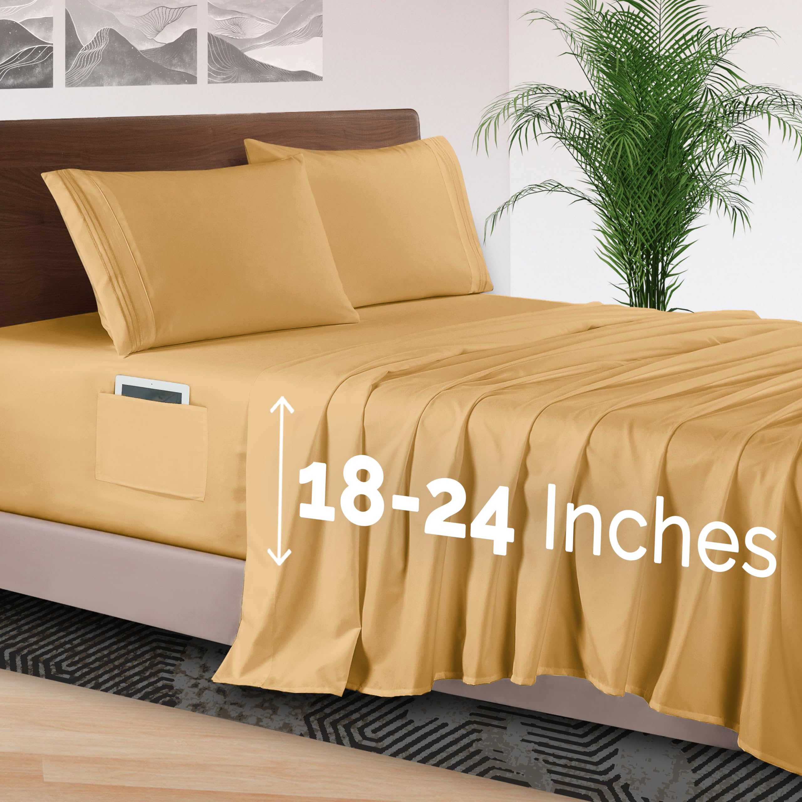 Elegant Comfort 4-Piece Bed Sheet Set - Luxury Bedding 1500 Premium Hotel Quality Microfiber, All Around Elastic 18-24 Inches Deep Fitted Sheet- Extra Deep Pocket Sheets, King, Camel-Gold Image