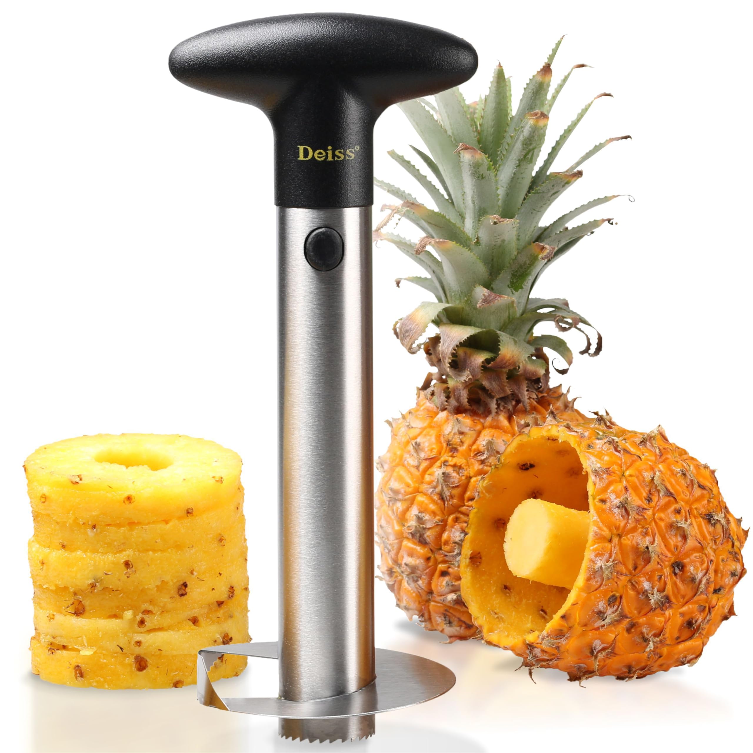 Deiss PRO Pineapple Corer - 2 in 1 Stainless Steel Pineapple Cutter & Corer - Makes Perfect Pineapple Rings and Pineapple Cubes Without a Mess - Dishwasher Safe