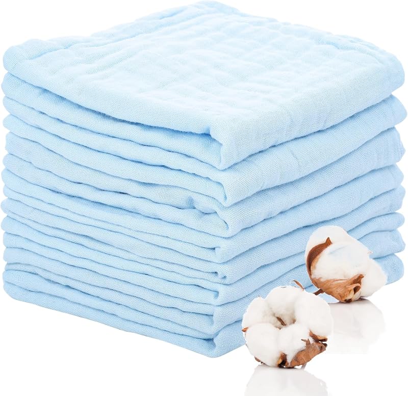 Lanjue 8 Pack Muslin Cloths 12x12 Inch Baby Burp Cloths Cotton Blue