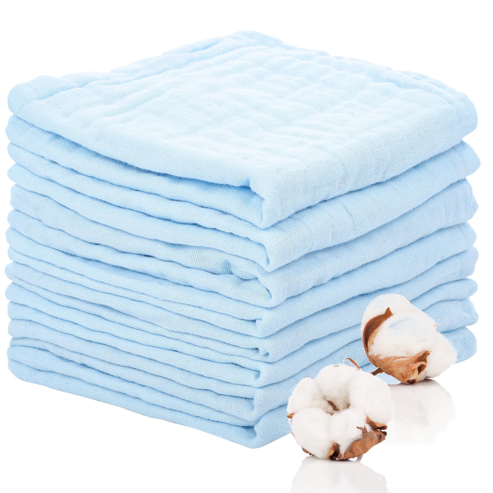 Lanjue 8 Pack Muslin Cloths for Baby, 12x12 Inch Muslin Squares Soft Burp Cloths 6 Layers Cotton Newborn Hand Washcloths Baby Wash Cloths Reusable Baby Towels(Blue)