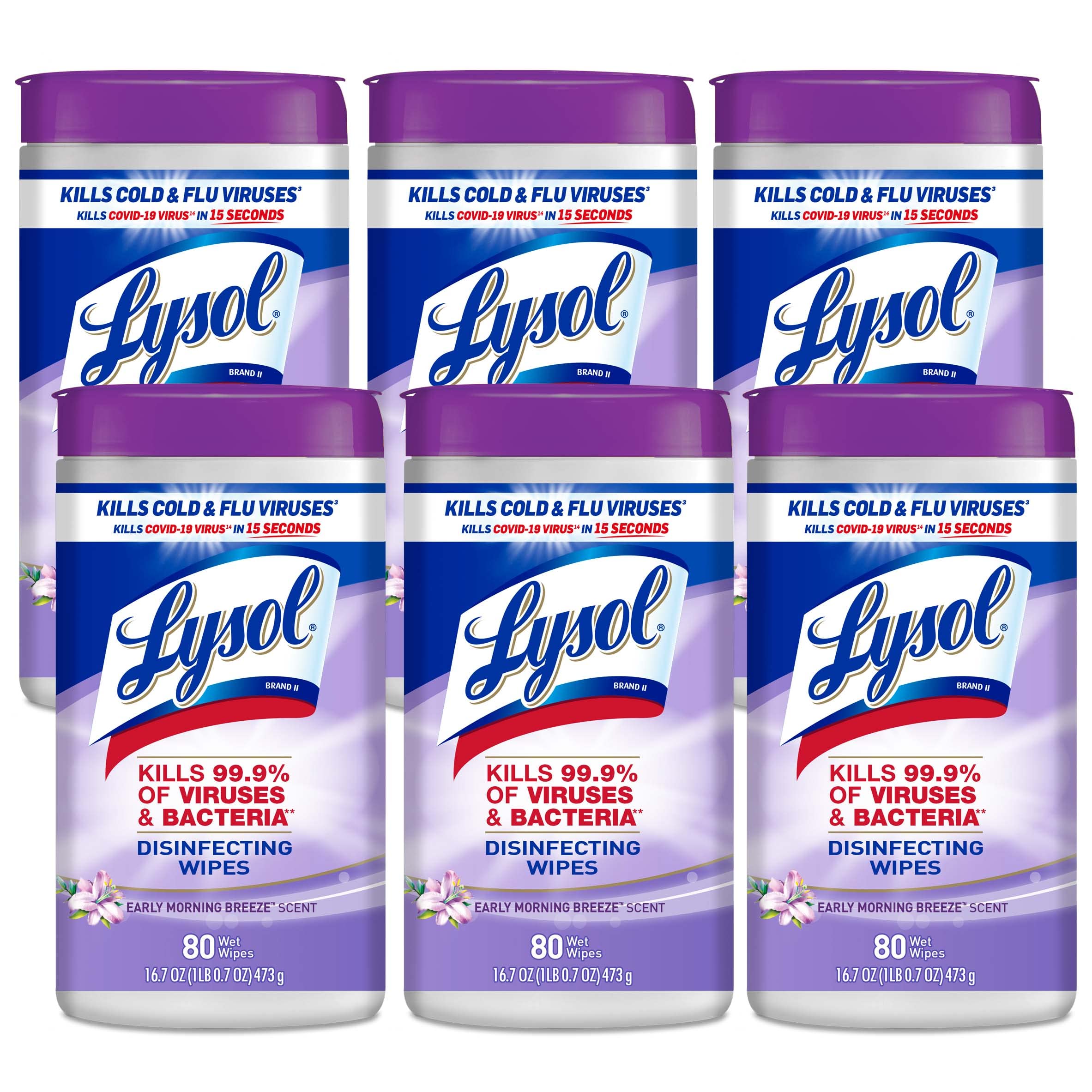 Lysol Disinfectant Wipes, Multi-Surface Antibacterial Cleaning Wipes, For Disinfecting and Cleaning, Early Morning Breeze, 80 Count (Pack of 6)