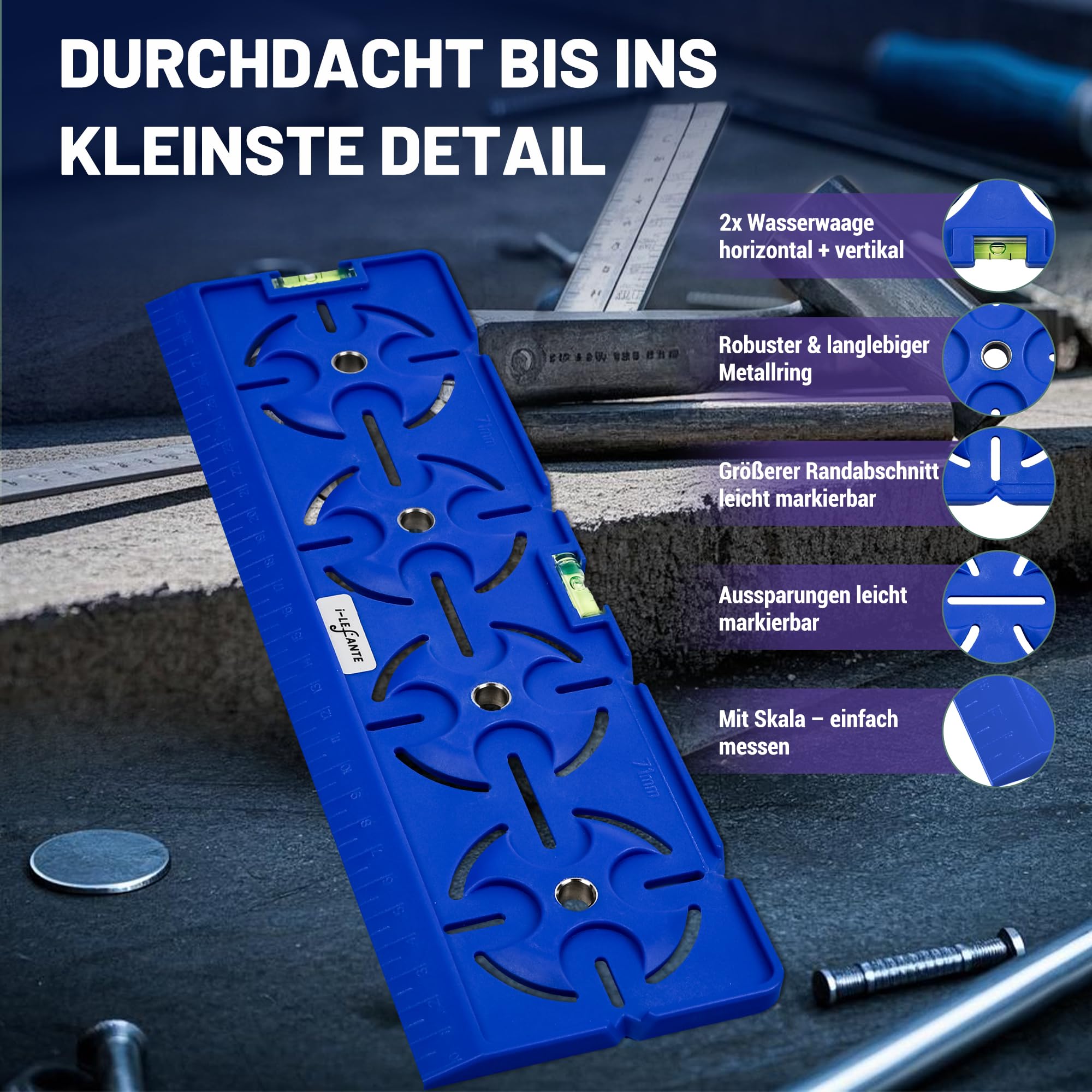 Bohrschablone für Steckdose Schalterdose Unterputzdose Hohlwanddose 71mm Abstand All in One mit Wasserwaage 30cm Lineal Für Elektroinstallation Rohbau Trockenbau Elektriker Heimwerker (Blau) 3