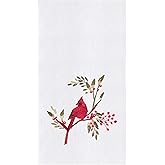 C&F Home Holiday Winter Themed Single Red Cardinal Embroidered Sitting on Red Berry Tree Flour Sack Christmas Dishtowel Decor Decoration 27L x 18W in. 18" x 27" White
