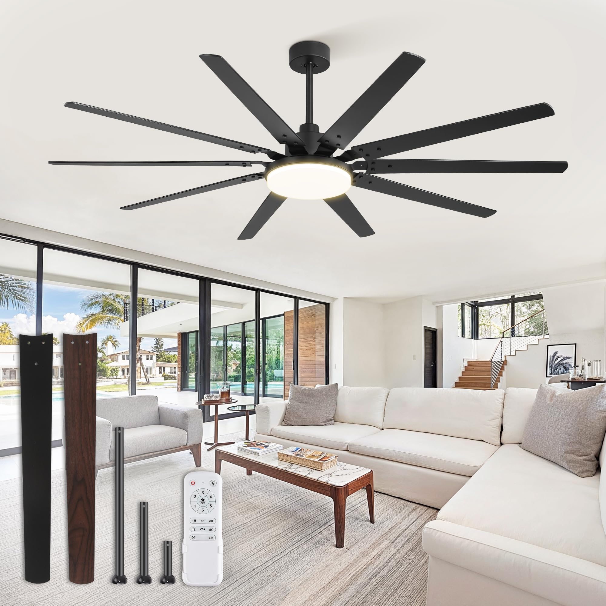 Photo 1 of ***DAMAGED - LAMP SHADE BROKEN - SEE PICTURES***
72 inch Large Ceiling Fans with Lights and Remote, Outdoor Black Ceiling Fan with 10 Blades, 32W LED light 3 CCT, 6 Speed Reversible Quiet DC Motor, Modern Ceiling Fan for Living Room Patio