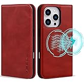VISOUL Leather Wallet Case iPhone 16 Pro Max, Genuine Leather Wallet Magnetic Folio Cover with Card Holders Kickstand Shockproof Designed for iPhone 16 Pro Max 6.9"-Red