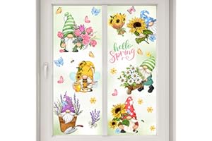 Mfault Hello Spring Gnomes Flowers Window Clings 9 Sheets, Floral Sunflower Daisy Wall Glass Stickers Decal Tulip Lavender Decorations, Living Room Home Kitchen Decor