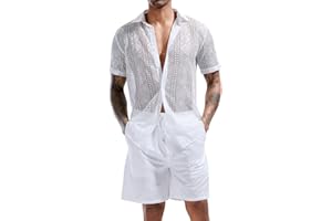 LecGee Men Summer Casual Short Sets Lace Short Sleeve Button Down Shirt Elastic Waist Shorts 2 Piece Outfits Tracksuit