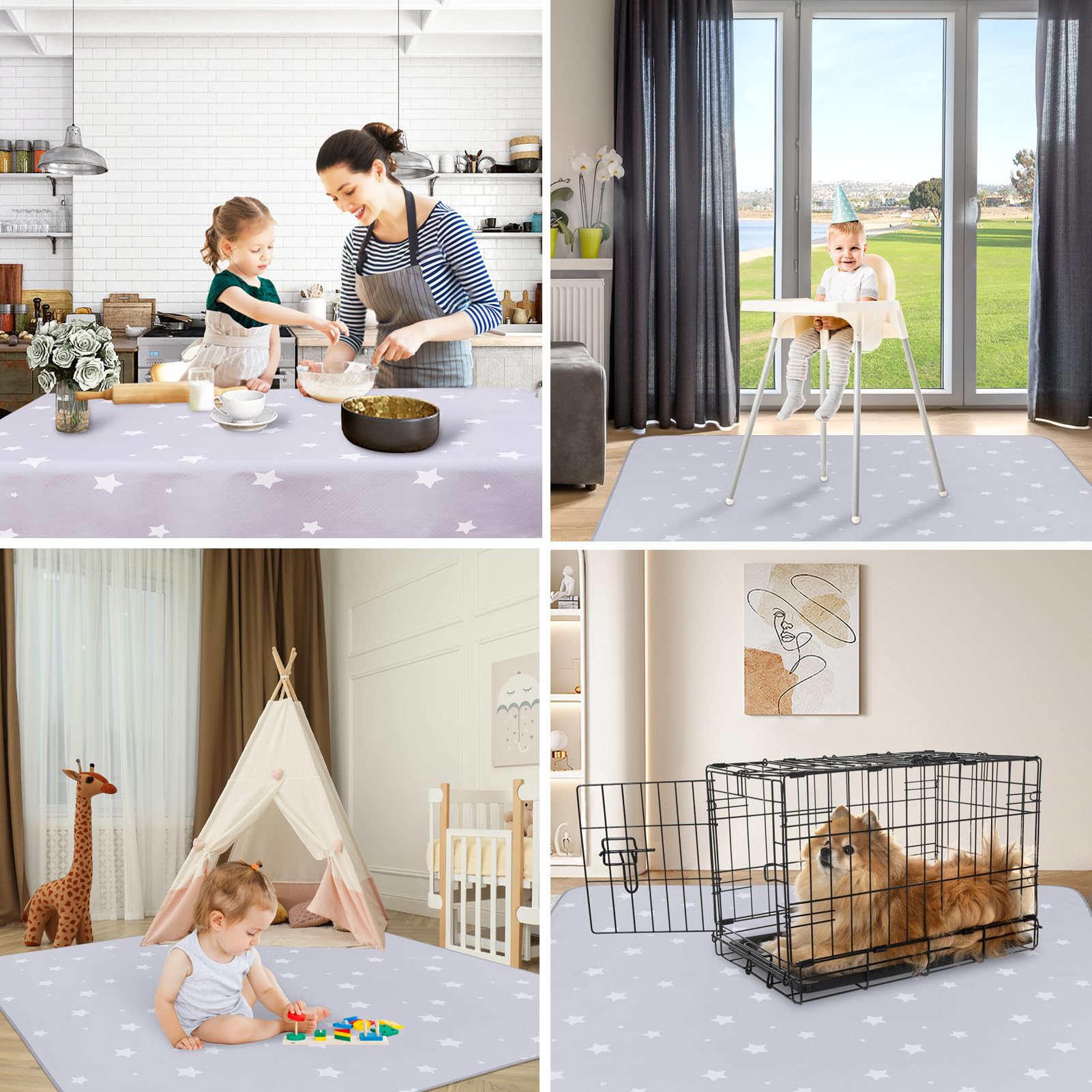 Splat Mat for Under High Chair/Arts/Crafts, WOMUMON Washable Baby Spill Mat Waterproof Anti-Slip Floor Splash Mat, Portable Play Mat and Table Cloth (Star, 51