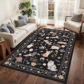 Unirea 5x7 Black Area Rug for Living Room Non-Slip Washable Cute Animal Cat | Low Pile Soft Carpet for Bedroom Kids Room Playroom Office Dining Room, Pet & Kids Safe, Easy Clean,Floral Home Rug