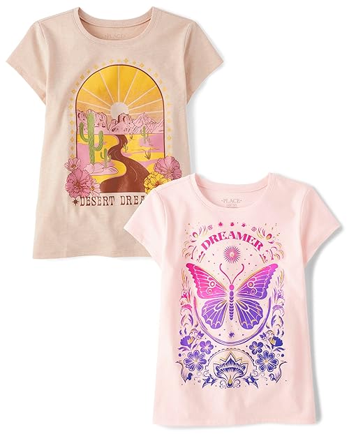 The Children's Place,Girls,Assorted Everyday Short Sleeve Graphic T-Shirts,Multipacks,Dreamer/Desert Dreams 2-Pack,Small