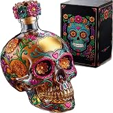 350ml Sugar Skull Liquor Bottle, Hand Painted Day of The Dead Skull Glass Decanter with Cork Stopper, High Borosilicate Glass Whiskey Tequila Dispenser, Home Bar Decor & Novelty Gift