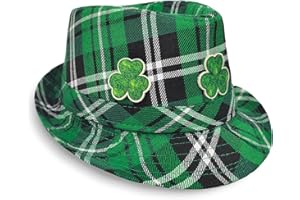 BNIKION St. Patrick's Day Fedora Hat, Plaid Green with Shamrock Design, Irish Festival Accessory