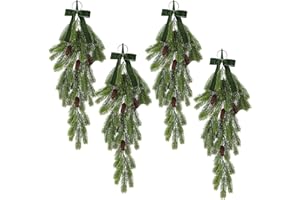 Thiccywoov 4 Pack Christmas Teardrop Swags with Velvet Bow 20 Inch Rustic Pine Greenery with Pine Cones Hanging Teardrop Swag for Front Door Mantle Wall Indoor Outdoor Home Decor(Green)