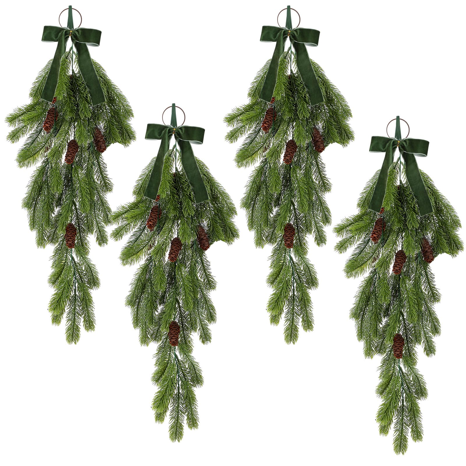 Photo 1 of ***STOCK PHOTO FOR REFERENCE ONLY, MISSING 2***Thiccywoov 4 Pack Christmas Teardrop Swags with Velvet Bow 20 Inch Rustic Pine Greenery with Pine Cones Hanging Teardrop Swag for Front Door Mantle Wall Indoor Outdoor Home Decor(Green)