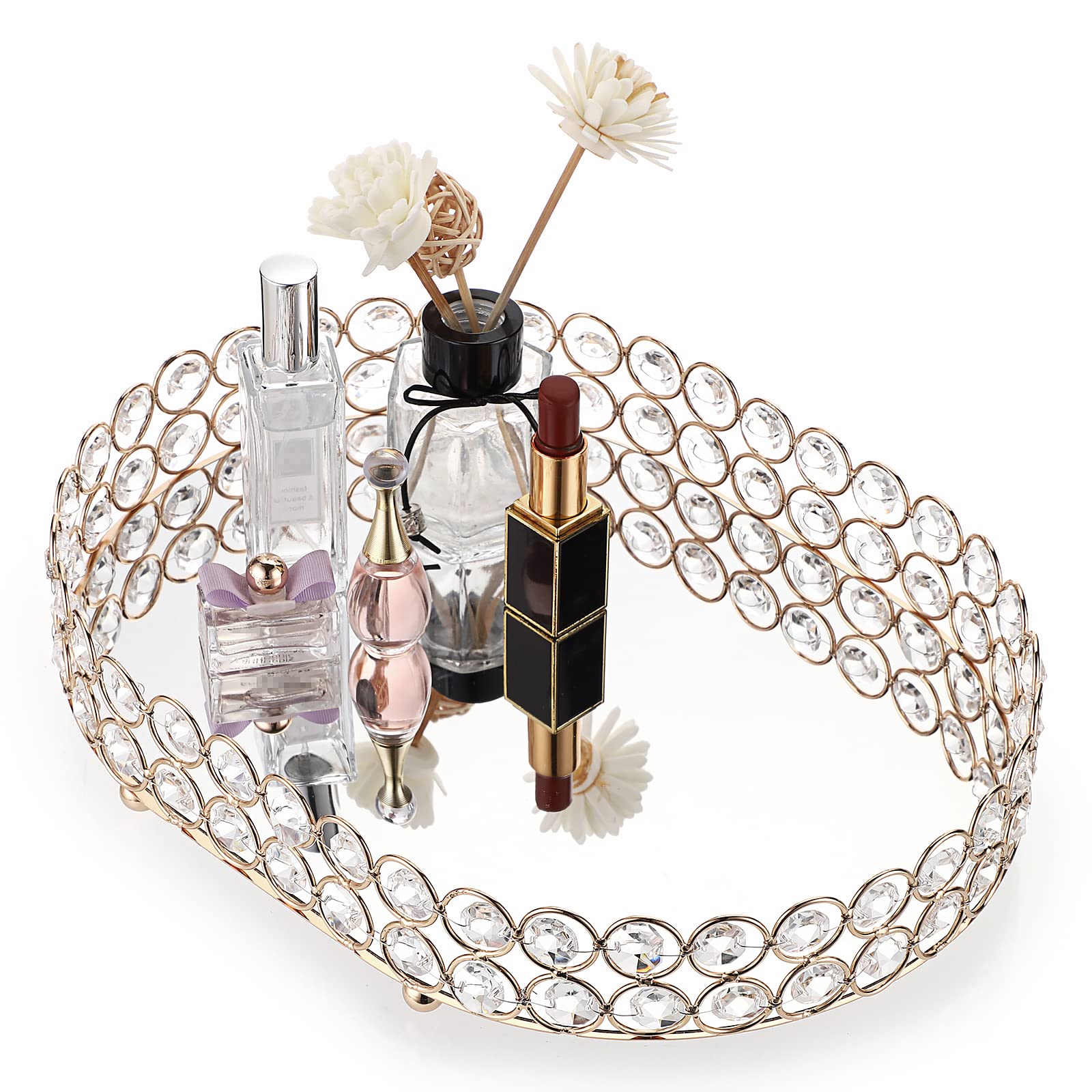 Sumnacon Gold Vanity Mirror Tray Jewelry Perfume Organizer Tray Decorative Glass Cosmetic Tray for Bathroom Bedroom Home Decor Dresser Tabletop Countertop (Oval 30 * 22CM)