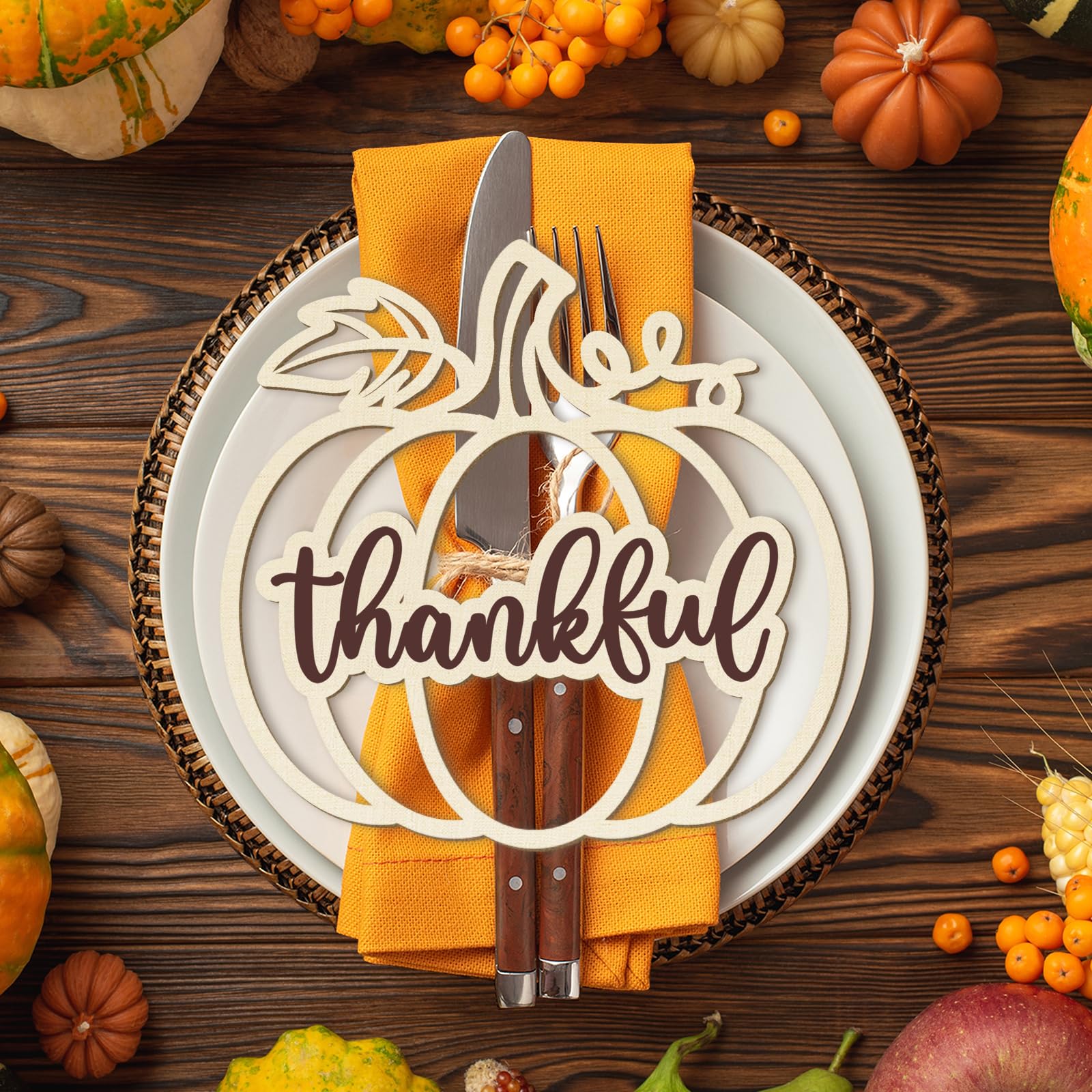 View 1 of 12 Pcs Thanksgiving Pumpkin Wooden Plate Decor Grateful Wood Cutouts Fall Autumn Thankful Blessed Favour Gather Party Place Card Table Settings Signs for Farmhouse Dining Table Holiday Harvest