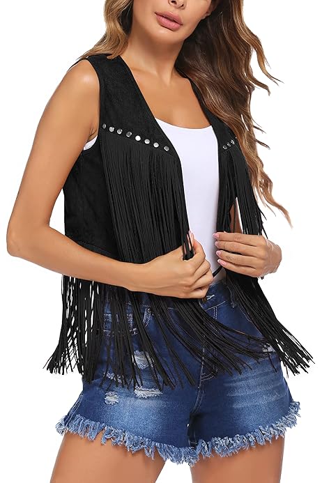 Amazon.com: Zeagoo Womens Fringe Vest 70s Hippie Western Cowgirl 