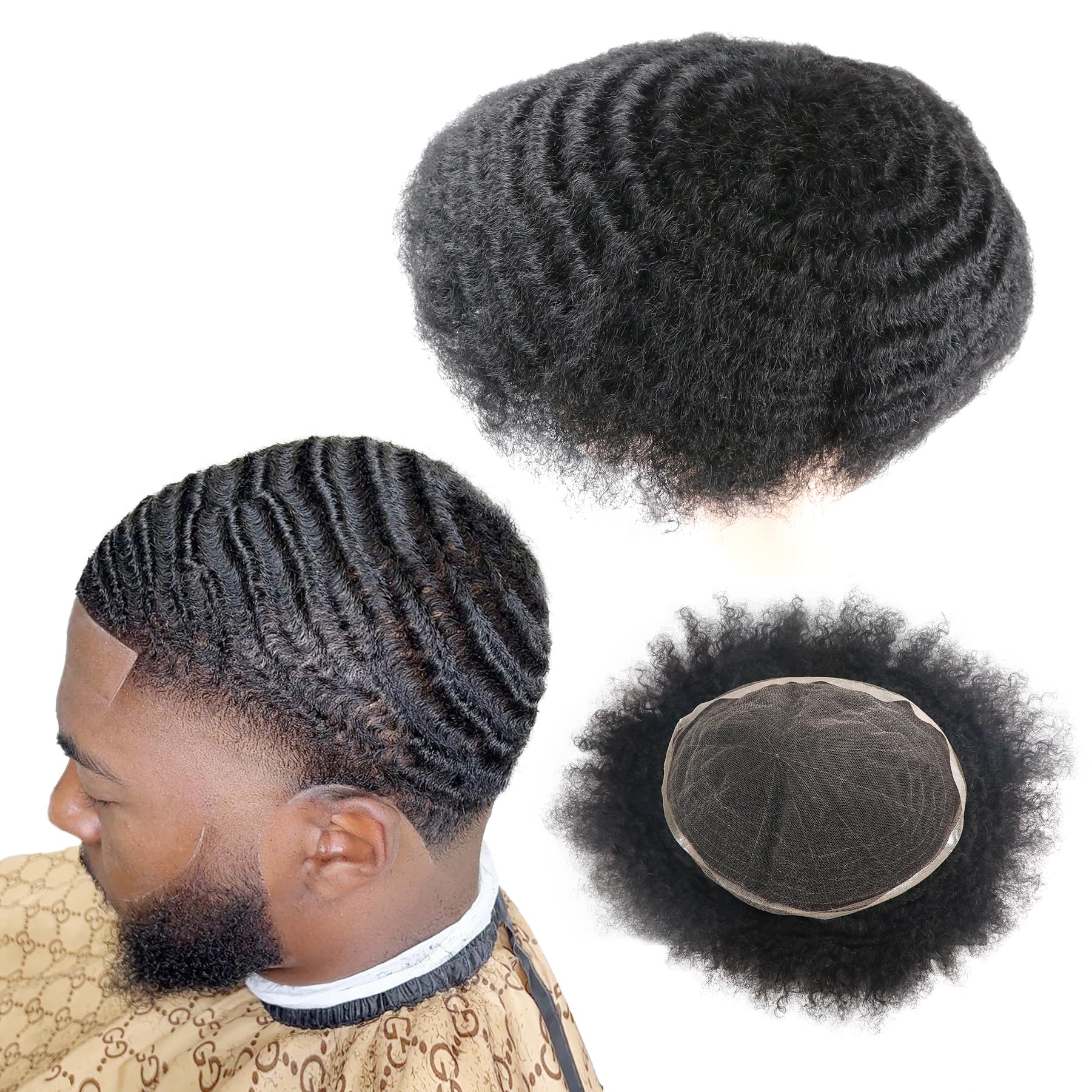 Photo 1 of lumeng Afro Toupee Male Hair Unit Black Mans Wigs Curly Men Toupee 100% Human Hair African American Toupee for Men Male Wave Hairpiece 8MM Wave 360 Hair Unit 8x10inch French Lace 1# Jet Black