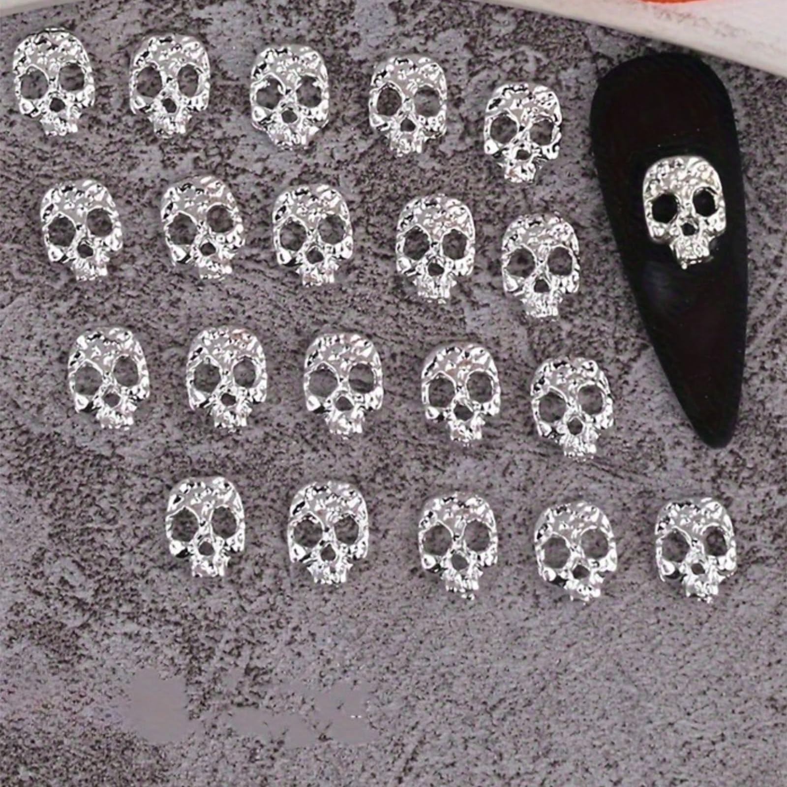 Photo 1 of 20pcs Silver Skull Nail Rhinestone Halloween Skeleton Head Nail Accessories Retro Metal Alloy Dark Style Nail Art Charms Halloween 3D Skull Face Designs Nail Jewelry for Halloween Nail Decor