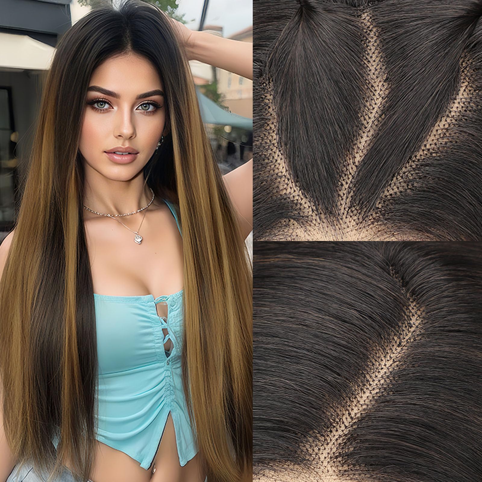 Photo 1 of AISI HAIR 13x4 HD Lace Front Wig Brown Highlight Pre Plucked With Baby Hair Straight Glueless Synthetic Wigs for Women 28inch Beginner Friendly