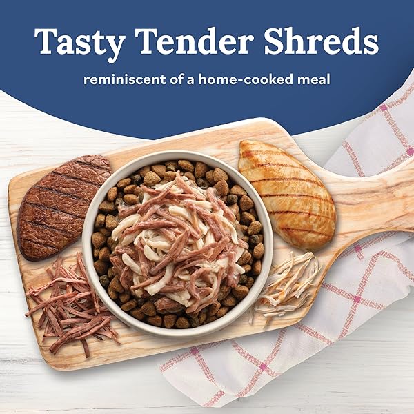 BLUE BUFFALO TENDER SHREDS BEEF & CHICKEN TOPPERS IN SAVORY BROTH, NATURAL DOG FOOD COMPLEMENT, BEEF, 2.5-OZ. POUCH, 24-COUNT